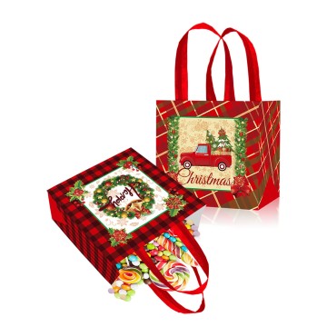 Christmas Buffalo Plaid Tote Bags with Wreath and Bells