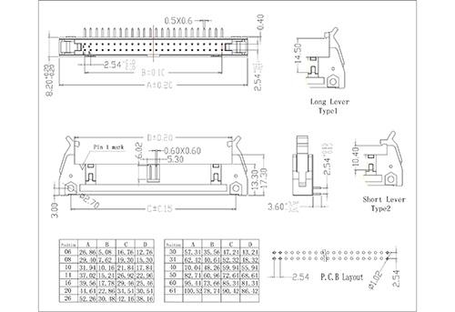 0,100 &quot;(2,54 mm) ângulo de solda do cabeçalho do cabeçalho através do orifício com alavanca