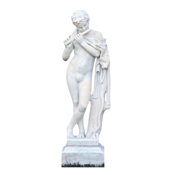 Italian Marble Faun Sculpture Flute and Lion Pelt