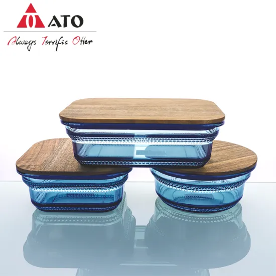 Blue Glass lunch food container with bamboo lid