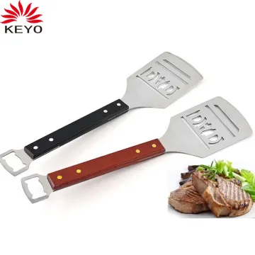 Custom Heavy Duty 2pcs Wooden Handle Stainless Steel BBQ Grill Spatula Barbecue Tools  with Bottle Opener