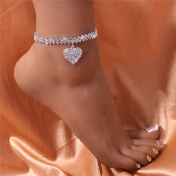 Wholesale Charm Personality Bling Rhinestone Tennis Chain Heart Bracelet Anklets for Women Fashion Jewelry