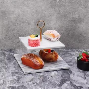 2-Tier Square Black and White Real Marble Dessert Stand
