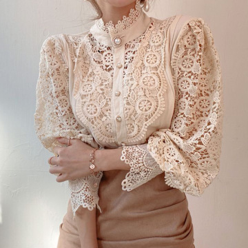 Women`s Stand Collar Lace Trim Shirts