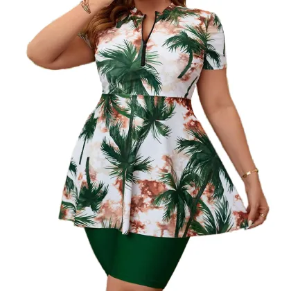 Plus Size Swimsuit Set: Split Swimsuit Women's Bikini with Five Piece Pants and Skirt Style in Flower Print