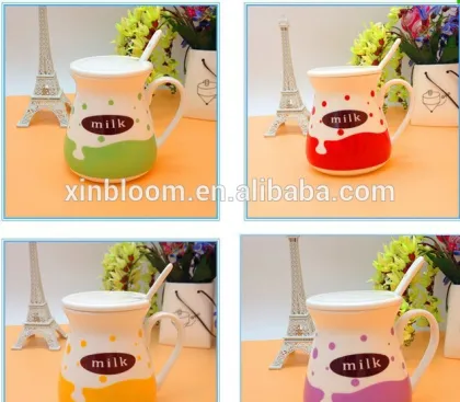summer new simple lovely cartoon ceramic milk mug with porcelain spoon and lid