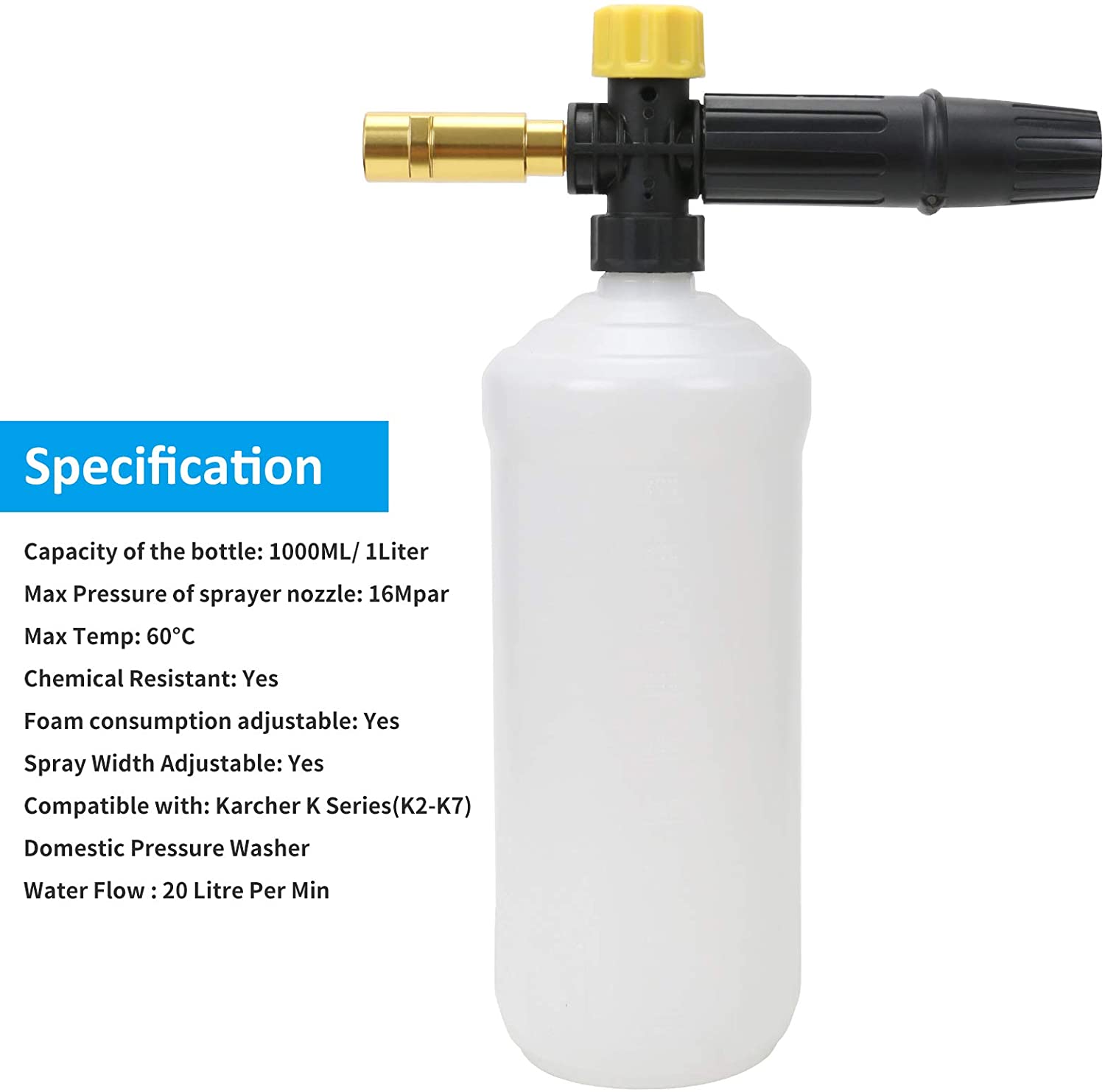 1 L Capacity Adjustable Foam Cannon Nozzle Lance Compatible with K2, K3, K4, K5, K6, K7 Series Domestic Pressure Washer