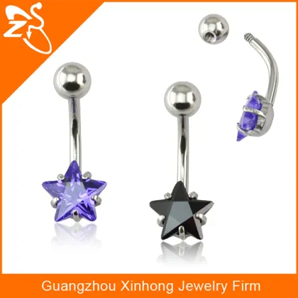 flexible belly stud, star zircon belly bars, flat navel belly rings