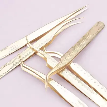 Qianya Custom Logo Eyelash Extension Tweezers Set - Gold EyeLash Tweezers with Fiber Tips