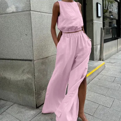 Summer Casual Cotton Linen Green Pants and Sleeveless Top Sets for Women 2024