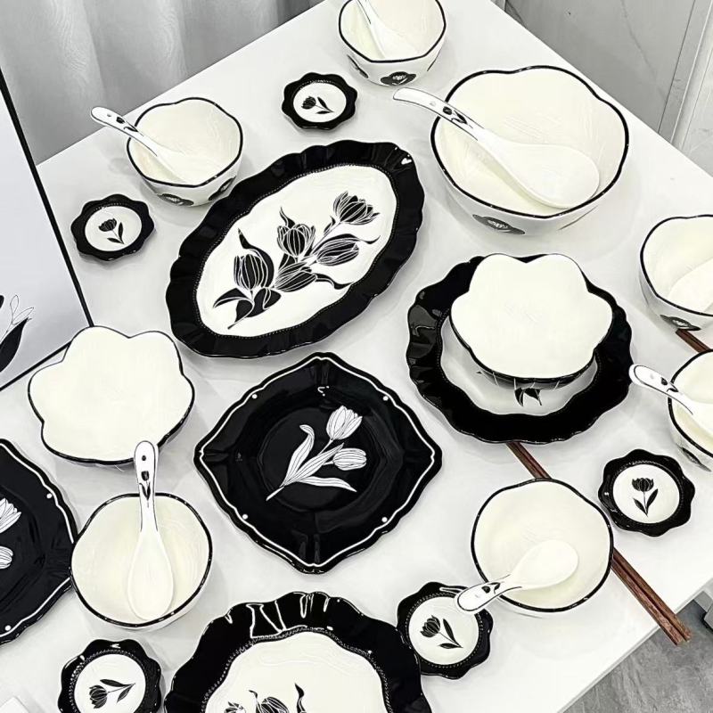Black and White Tulip Ceramic Dinner Set with Vintage Luxe Feel