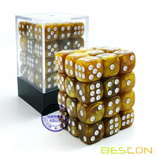 Bescon 12mm 6 caras Dice 36 en Brick Box, 12 mm Six Sided Die (36) Bloque de dados, Mármol Golden