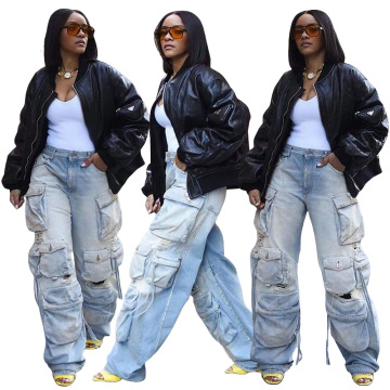 Vintage Denim Pants: High Waist Color Cargo Pockets Straight Jeans for Women - New Style