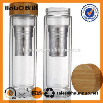 Eco-friendly double wall glass water bottle with bamboo screw cap tea filter wholesale