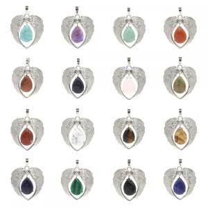 Gemstone Silver Alloy Wing Teardrop Gemstone Pendant Heart Shape Crystal Healing Reiki Wing Charm Pendant for DIY Jewelry making