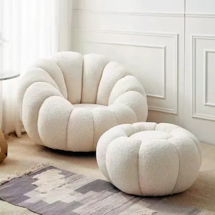Lazy Pumpkin Sofa Shaped Boucle Swivel Lounge Chair with Footstool