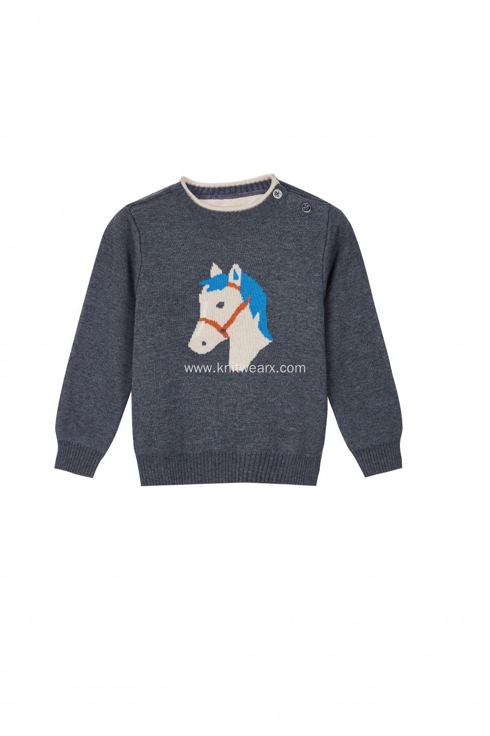 Boy's Knitted Horse Jacquard Buttoned Shoulder Pullover
