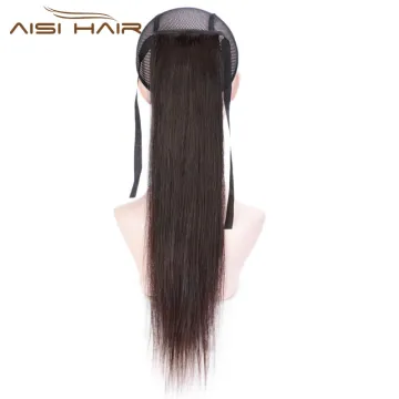Aisi Hair Human Hair Straight Ribbon Ponytail Extensions Brown Color Ponytail Malaysian Human Hair Ponytail for Women