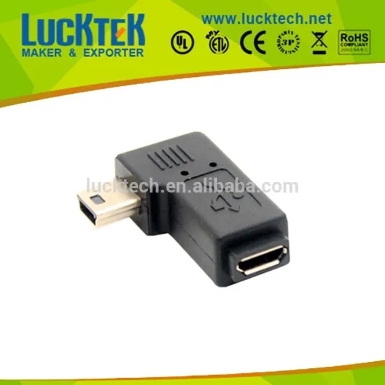 Left angled Mini USB male to Micro USB female adapter