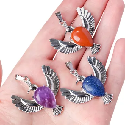 Natural Stone Teardop Silver Alloy Dove of Peace Stone Pendant Gemstone Dove of Peace Charm Pendant for Jewelry NecklaceEerring