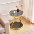 mesa de sofá compacta de vidrio templado doble y detalles dorados