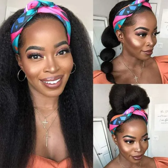 Headband Wig for Black Women 24 Inch Kinky Straight Black Wigs Headbands  Glueless None Lace Front Machine Made headband Wigs