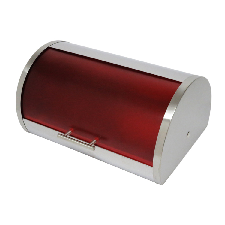 red roll top silver bread box