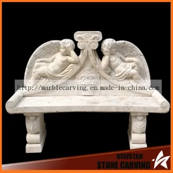 Light Yellow Travertine Marble Long Bench with Angel Boys Nsb042