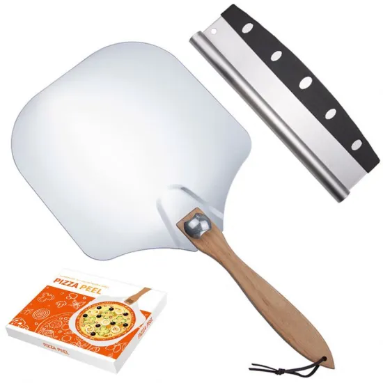 Wholesale Wooden Handle Aluminum Pizza Peel Set with Pezza Cutter and Foldable Pizza Peel