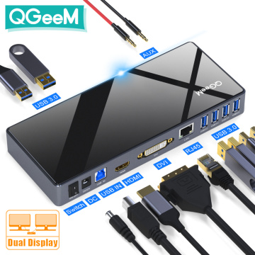 QGeeM Docking Station USB C Hub for Macbook Pro Air Xiaomi Notebook Tablets Type C Hub HDMI VGA DVI RJ45 Aux USB Hub 3.0 Adapter