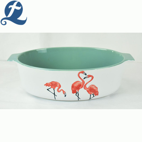 Fashion popular printed ceramic oval binaural baking tray