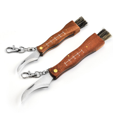 Multi-Functional Folding Mushroom Knife with Wooden Handle and Brush Stainless Steel Blade for Outdoor Camping DIY