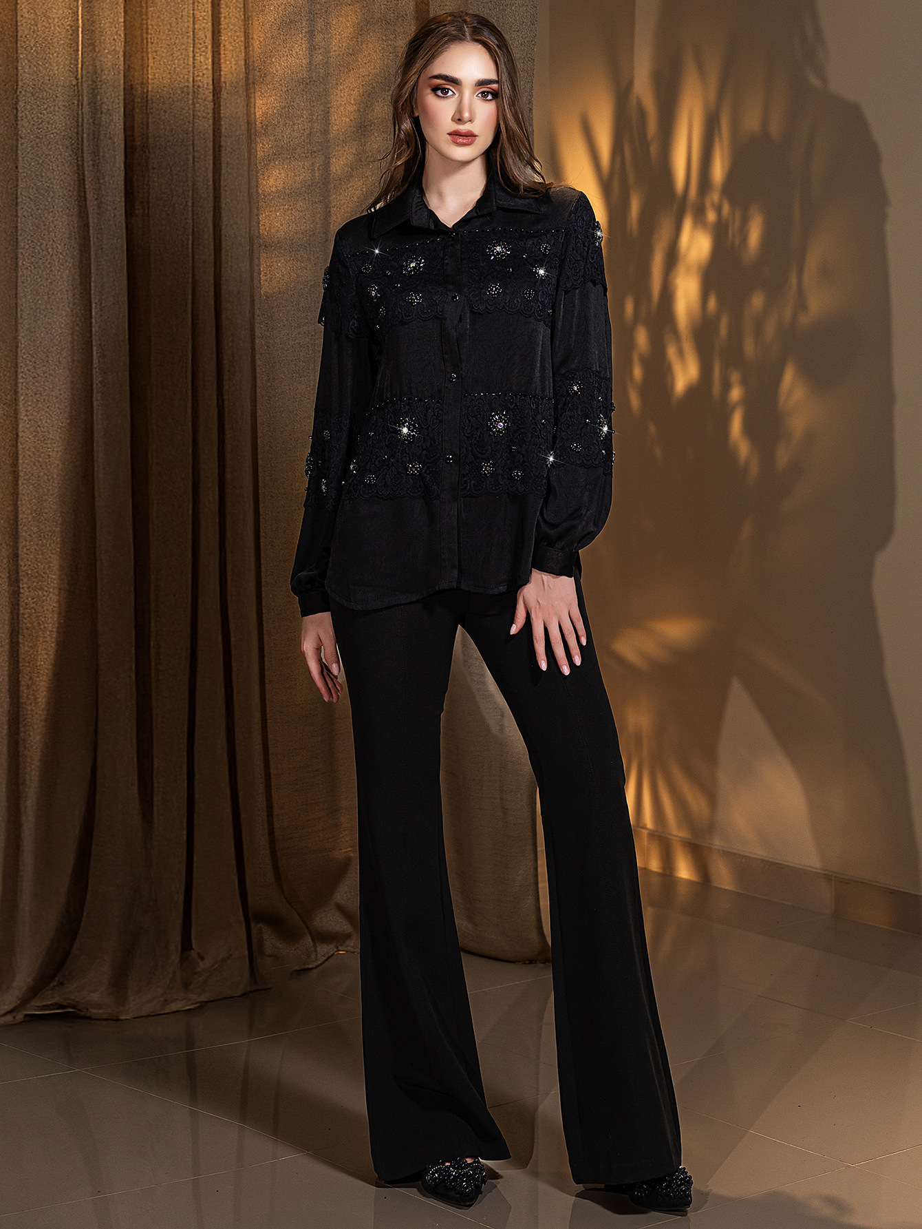 Black Lace Crystal Embellished Long Sleeve Blouse Detail