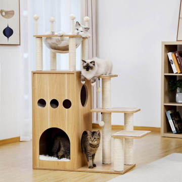 Multi-Level Wooden Cat Tree Sideboard Pet Cage