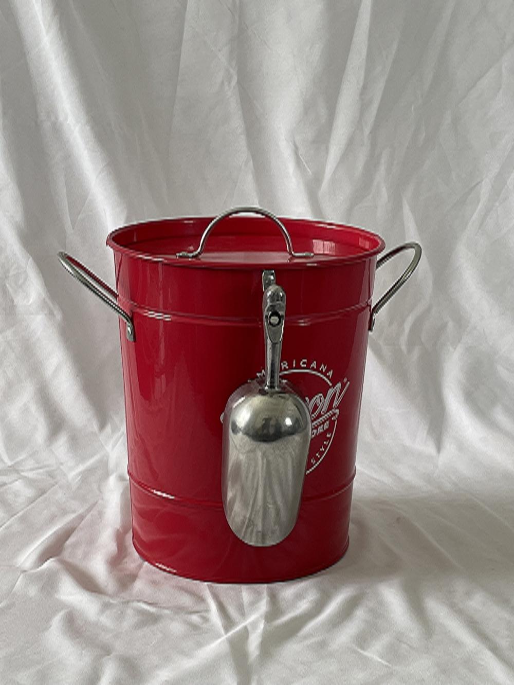 Red ice bucket with aluminum spatula and lid