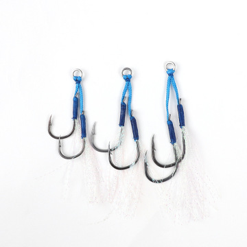 TAIGEK Jigging Fishing Hook Set with PE Line - 2/0, 3/0, 4/0, Feather Assist Hooks