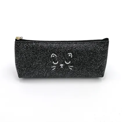 Embroidery cat style cute shiny PU pencil case