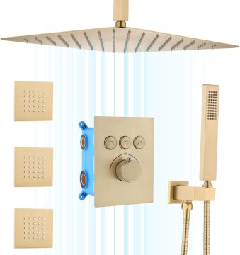 Brushed Gold Concealed Thermostatic Shower Faucet System with 6 Jets