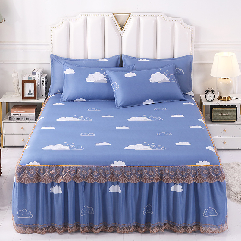 European and American Style Solid Color Polyester Bed Set with Bed Skirt and Pillow Cases