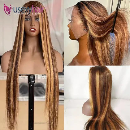 Highlight 1B Honey Brown Color Straight Human Hair Lace Front Wig Virgin Brazilian Hair Highlight Wig Transparent HD Frontal Wig