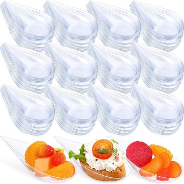 Mini Clear Tear Drop Plastic Appetizer Plates and Spoons Set
