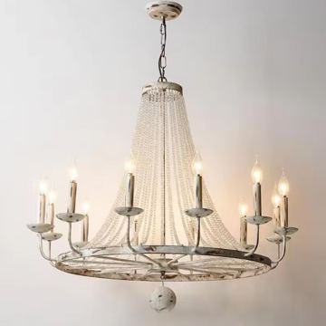 Retro French Chandelier: White Distressed Wood with Rust Metal Arms, 12-Light Candle Style for Living/Dining Room