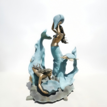 Bronze Mermaid Duo and Dolphin Guardian Sculpture