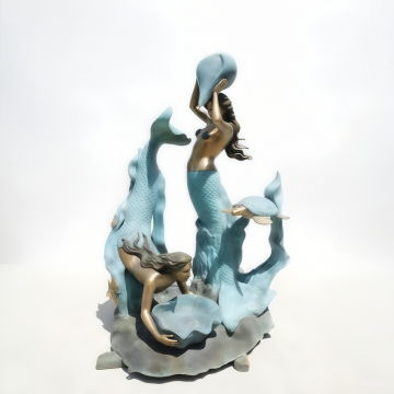 Bronze Mermaid Duo and Dolphin Guardian Sculpture