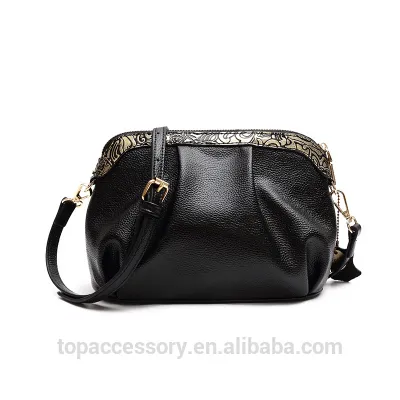 Gold Rose Pattern 100% Genuine Cowhide Leather Lady Crossbody Bag