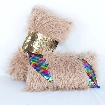 Sequins Plush Faux Fur Pillow Luxury Mermaid Pillow Cushion Modern Rectangle Fluffy Waist Pillow Case