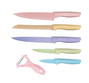 Custom Logo 6-Piece Promotional Kitchen Tools Set: Colorful Marble Coated Knives and Vegetable Peeler