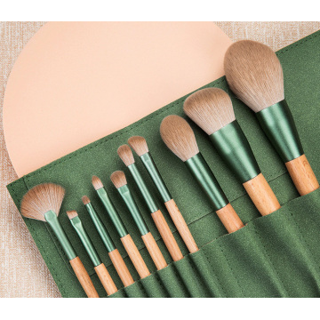 juegos de pinceles de maquillaje con mango de color madera verde leve