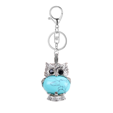 Turquoise Oval Beads CZ Rhinestone Silver Owl Pendant Keychain Lobster clasp