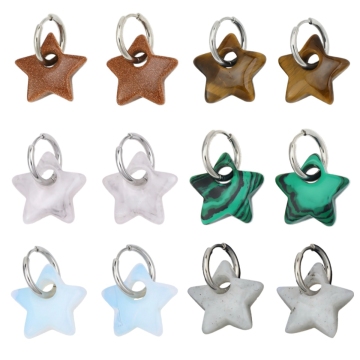 Gemstone Star Hoop Dangle Earrings 22MM Crystal Star Earrings with Gold Stainless Steel Drop Earring for Women Girltar